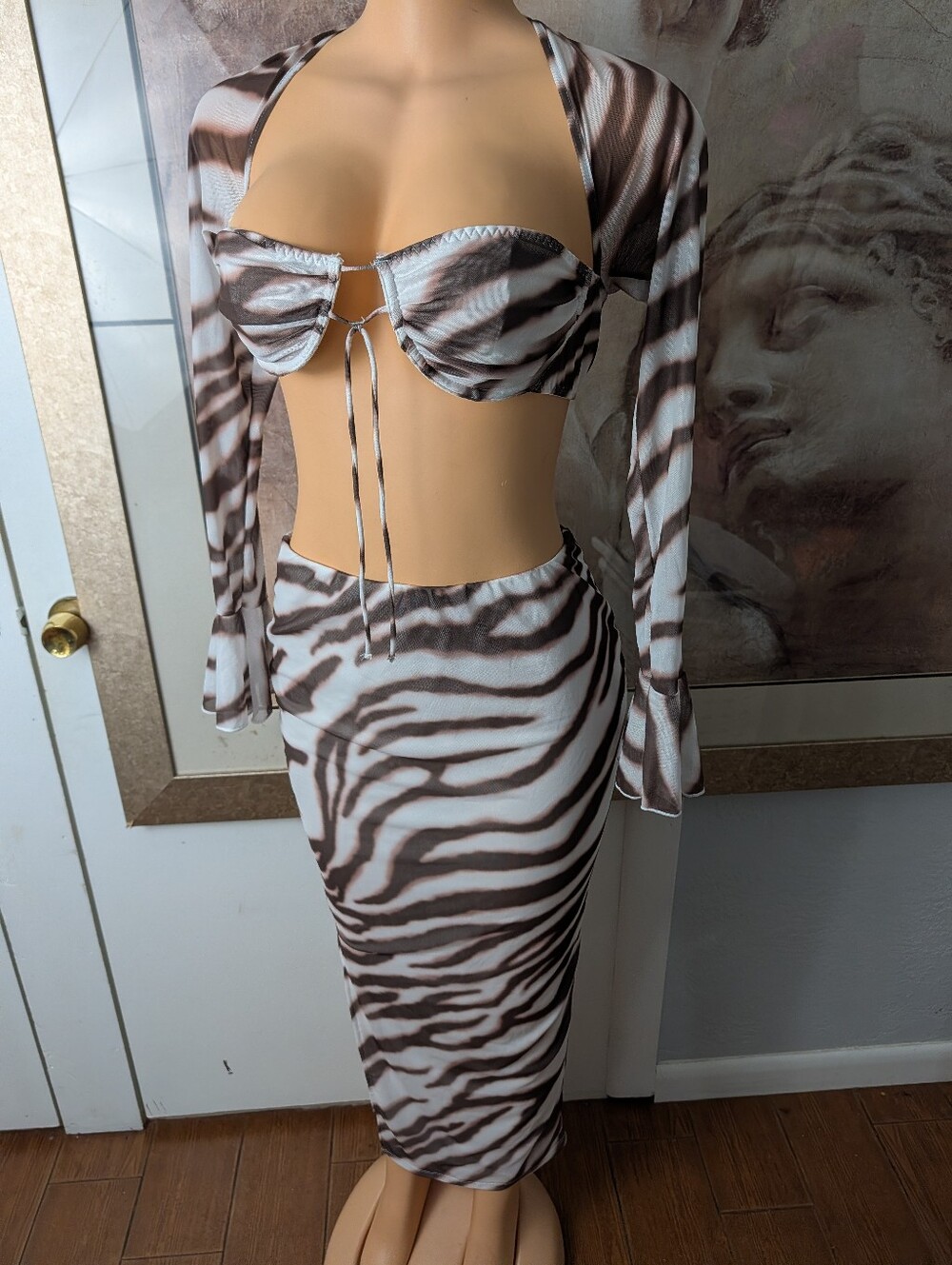 Sexy Brown Zebra Print Sheer Mesh Set Underwire Top Flare Sleeve Maxi Skirt Sz S